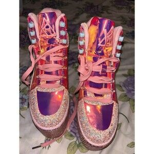 RARE Kawaii Rave E-girl YRU Pink Mermaid Holographic Platform Sneakers Sz 7